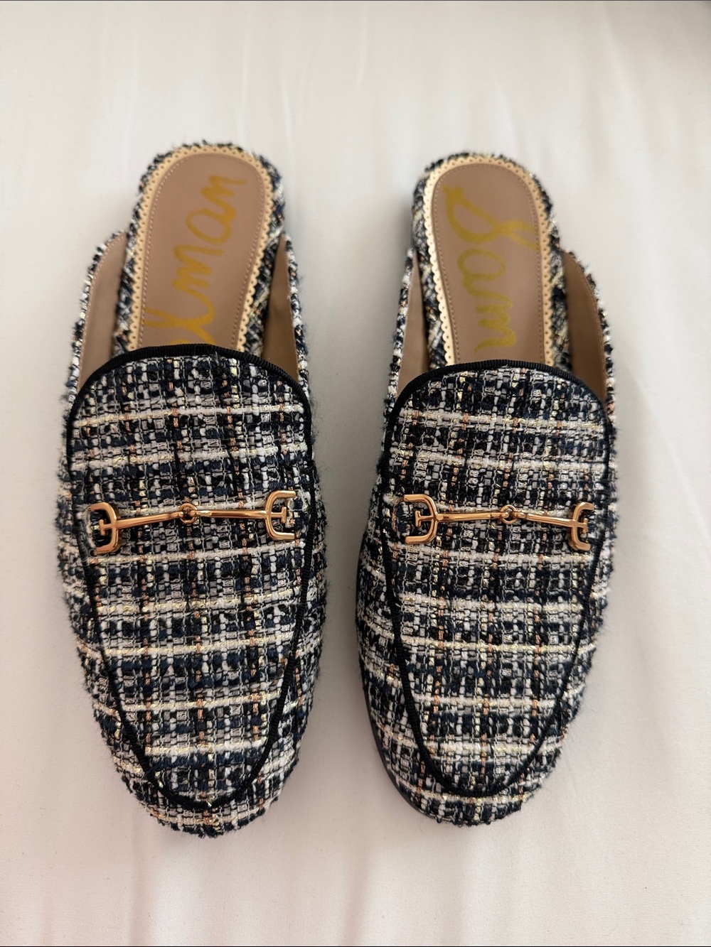 Sam Edelman Black and White Tweed Backless Loafers with Gold Horsebit